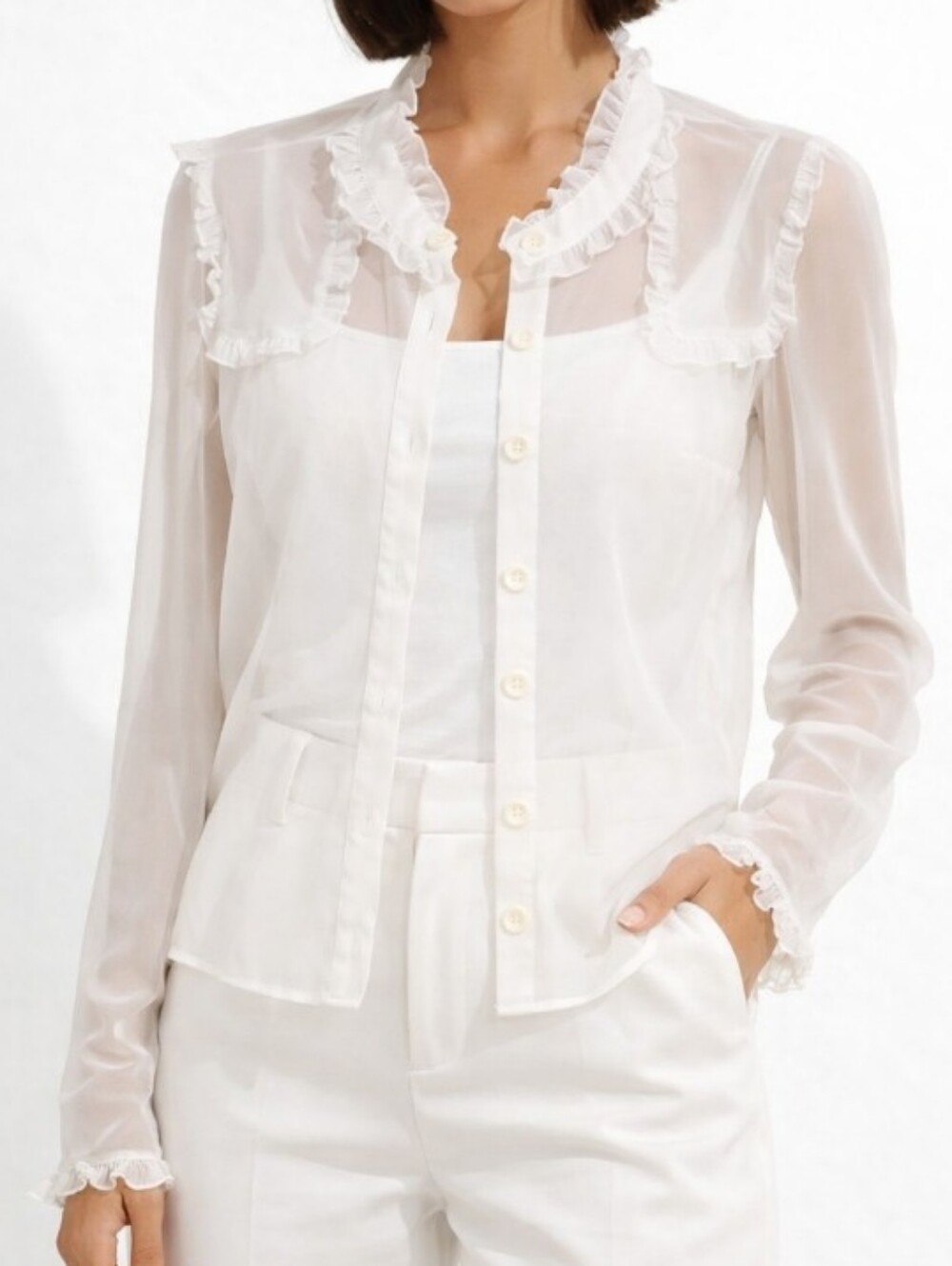 Saint Tropez See Thru Sheer Ruffle Blouse Top White Small